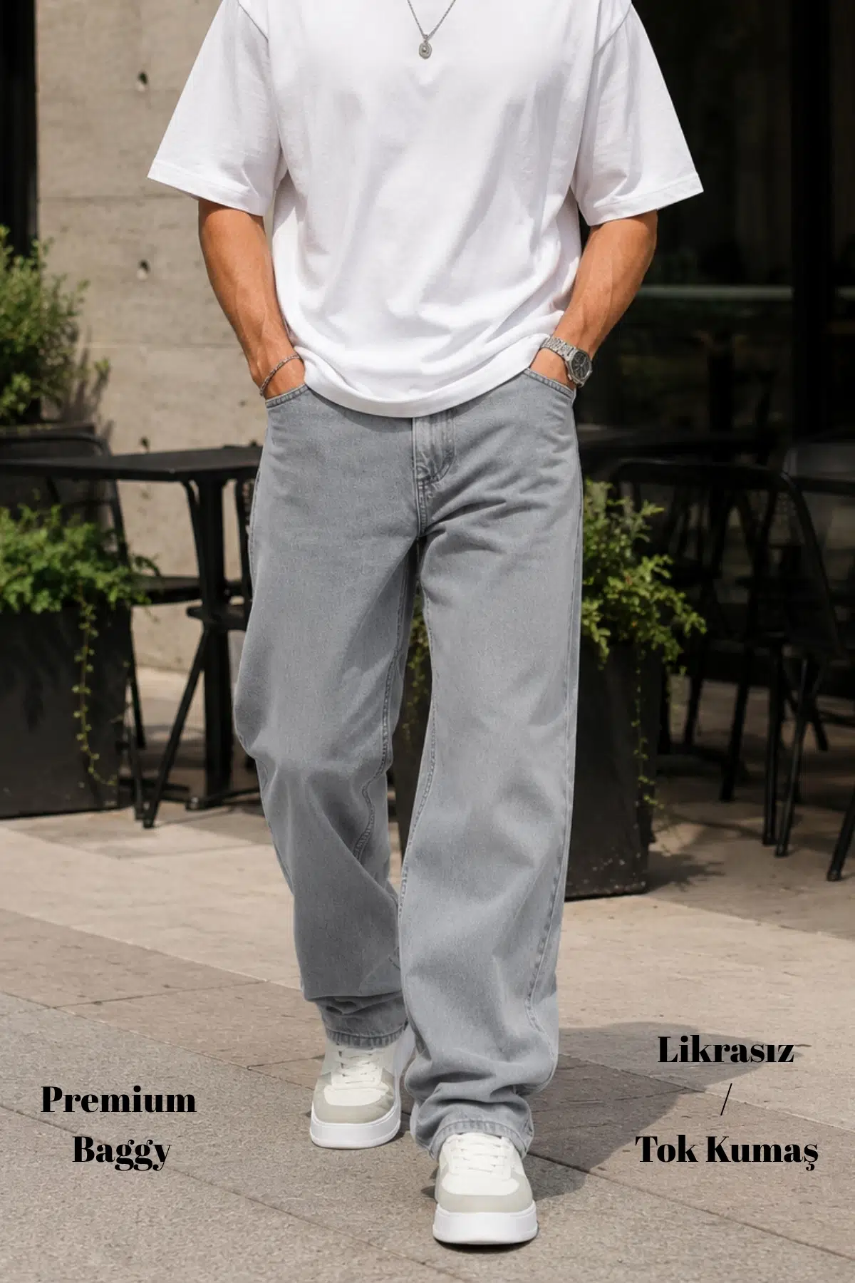  Erkek Yüksek Kalite Baggy Fit Jean Yüksek Bel Bol Kesim Kot Pantolon C352 - Açık Gri