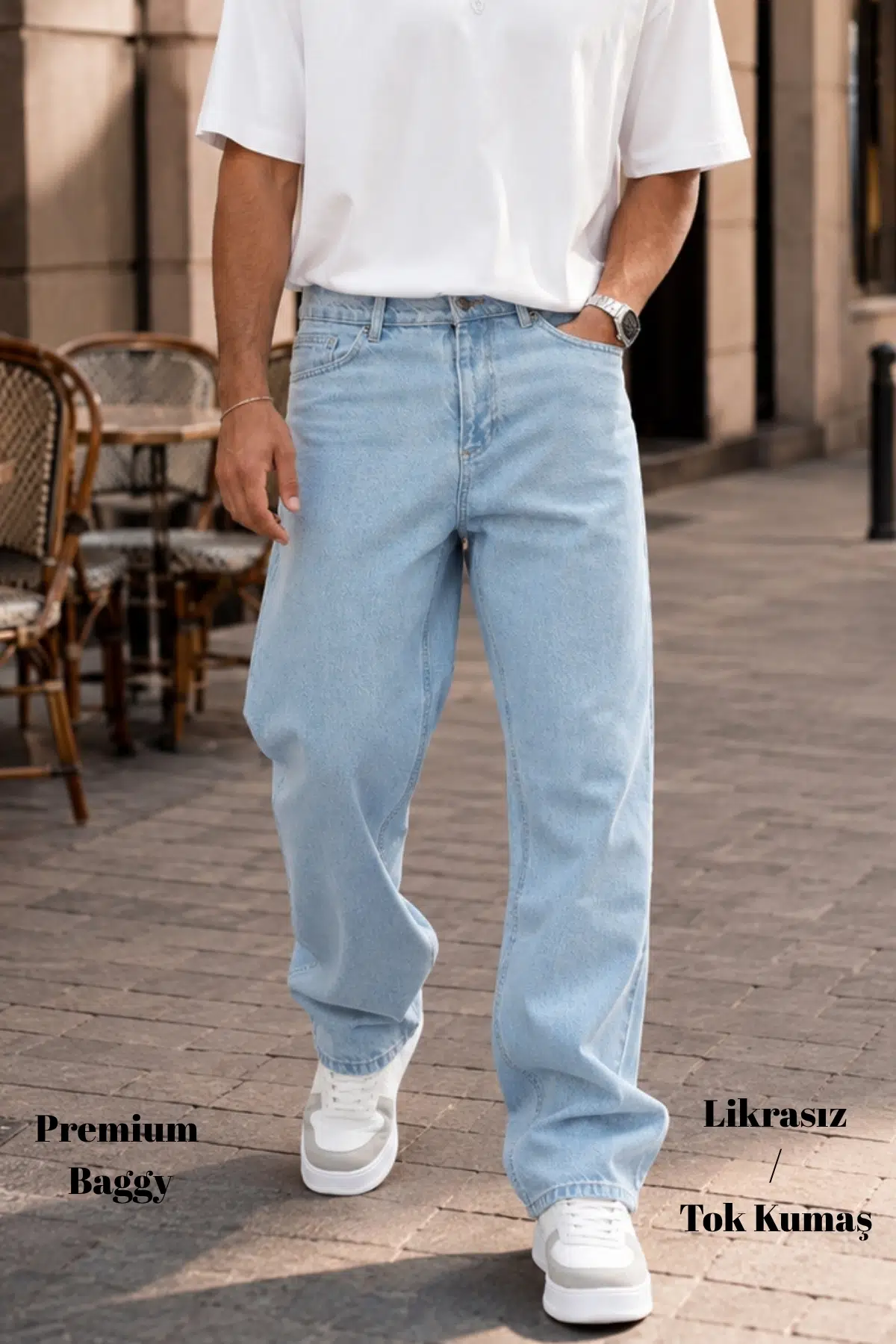  Erkek Yüksek Kalite Baggy Fit Jean Yüksek Bel Bol Kesim Kot Pantolon C352 - Buz Mavisi