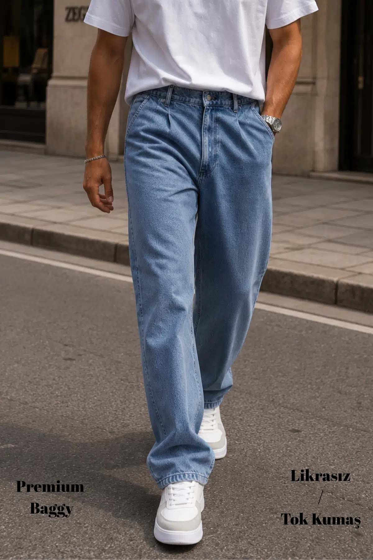  Premium Yüksek Kalite Pileli Baggy Geniş Paça Jean Pantolon C354 - Açık Mavi