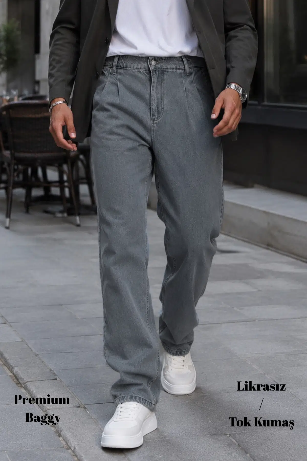 Premium Yüksek Kalite Pileli Baggy Geniş Paça Jean Pantolon C354 - Açık Gri