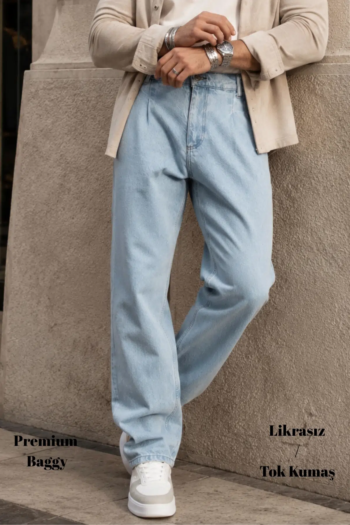  Premium Yüksek Kalite Pileli Baggy Geniş Paça Jean Pantolon C354 - Buz Mavisi