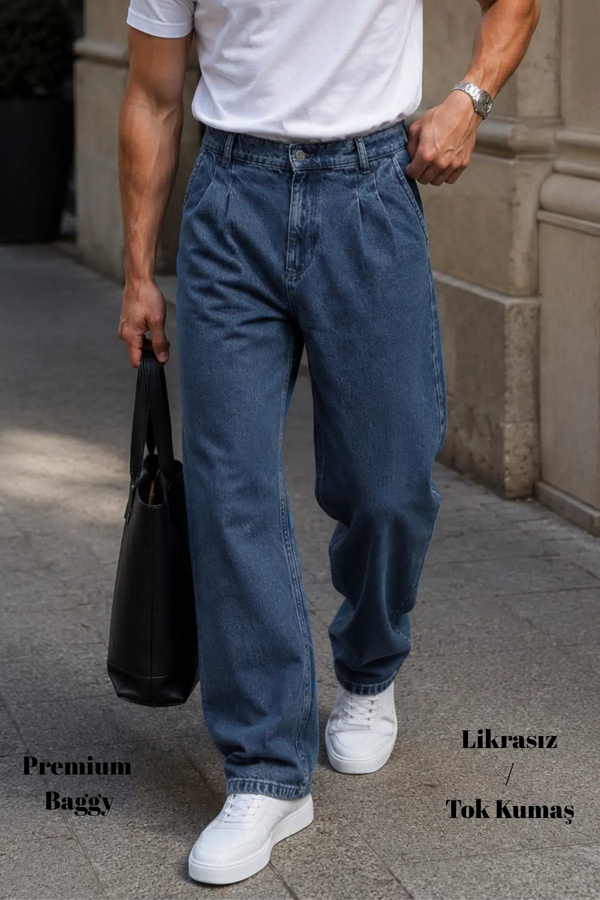  Premium Yüksek Kalite Pileli Baggy Geniş Paça Jean Pantolon C354 - Mavi