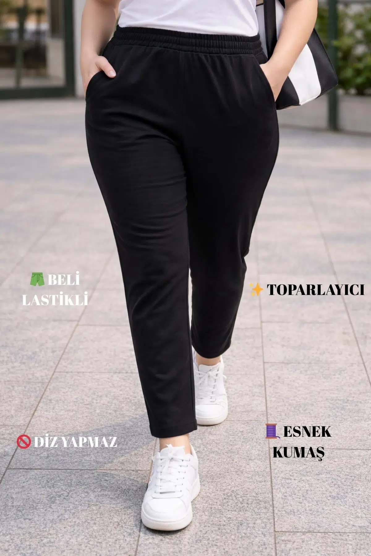 Yüksek Kalite Siyah Büyük Beden Bayan Yüksek Bel Çelik Örme En-Boy Likralı Dar Paça Pantolon - Siyah